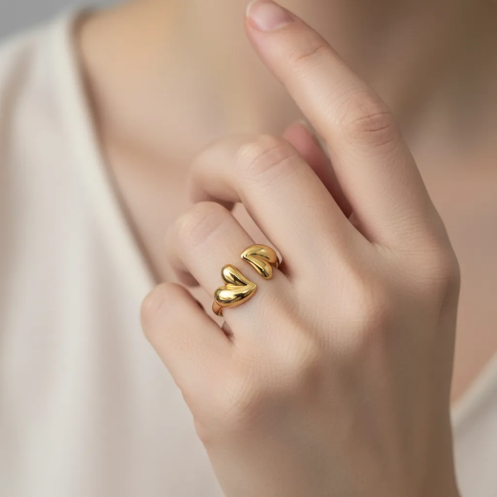 Gold Double Heart Adjustable Ring – Open Minimal Design