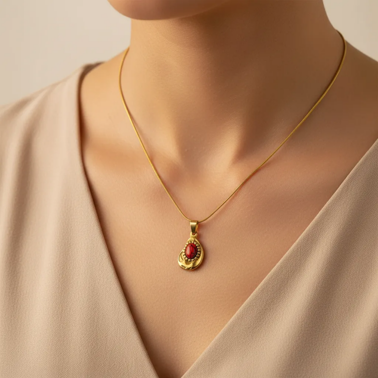 Gold Vintage Drop Necklace – Textured Red Stone Pendant