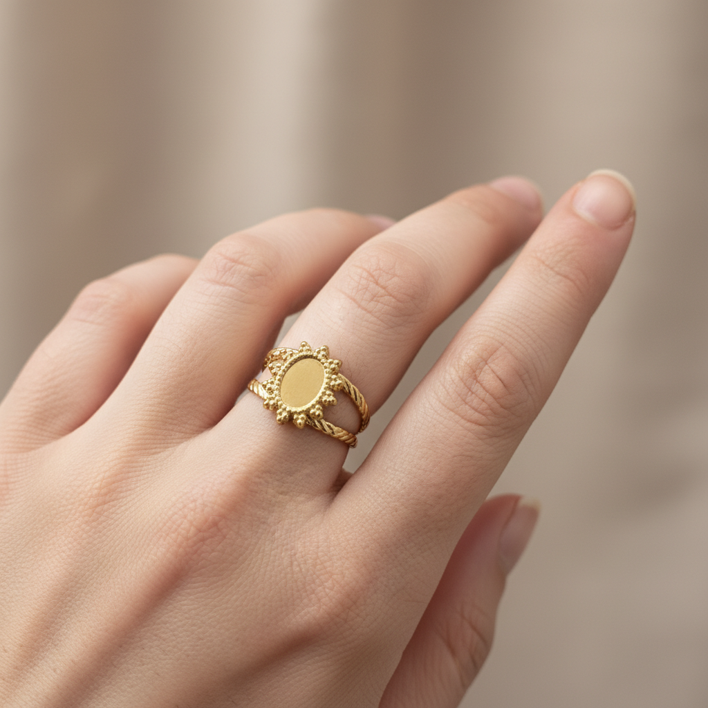 Gold Oval Sunburst Adjustable Ring – Open Statement Design