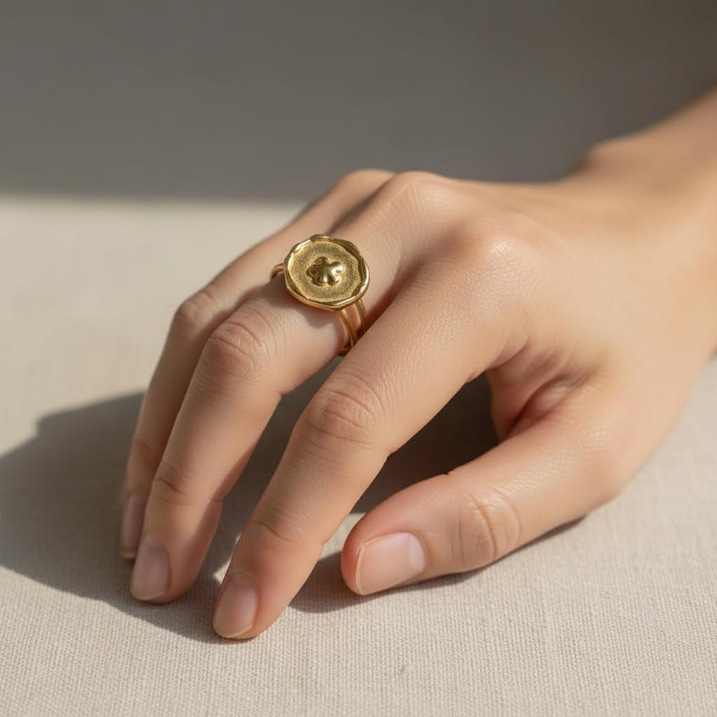 Gold Coin Adjustable Ring – Clover Detail Design