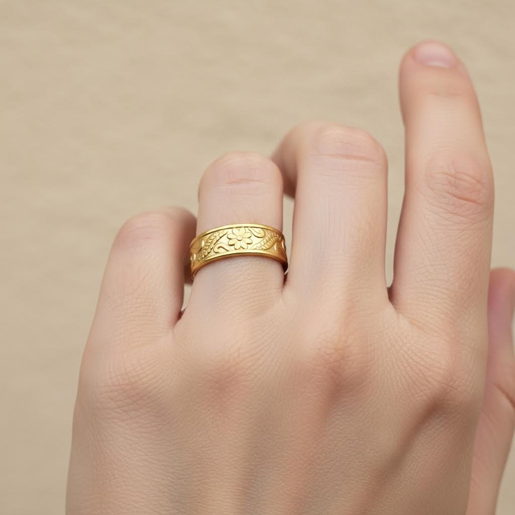 Gold Engraved Adjustable Ring – Floral Band Design