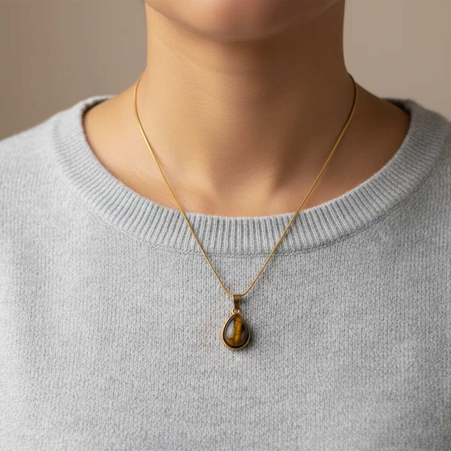 Gold Tiger Eye Teardrop Necklace – Elegant Natural Pendant
