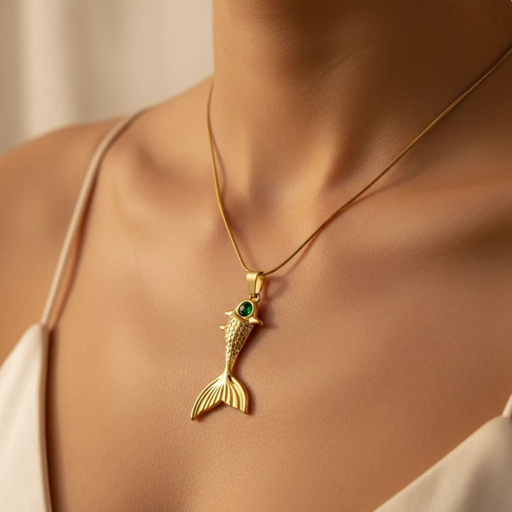 Fish Pendant With Green Diamond Necklace