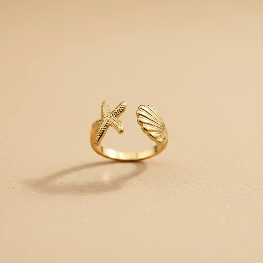 Gold Starfish & Shell Adjustable Ring