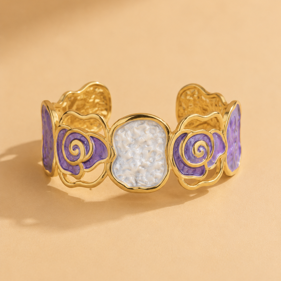 Purple Rose Cuff Bracelet β Gold Floral Statement Bangle