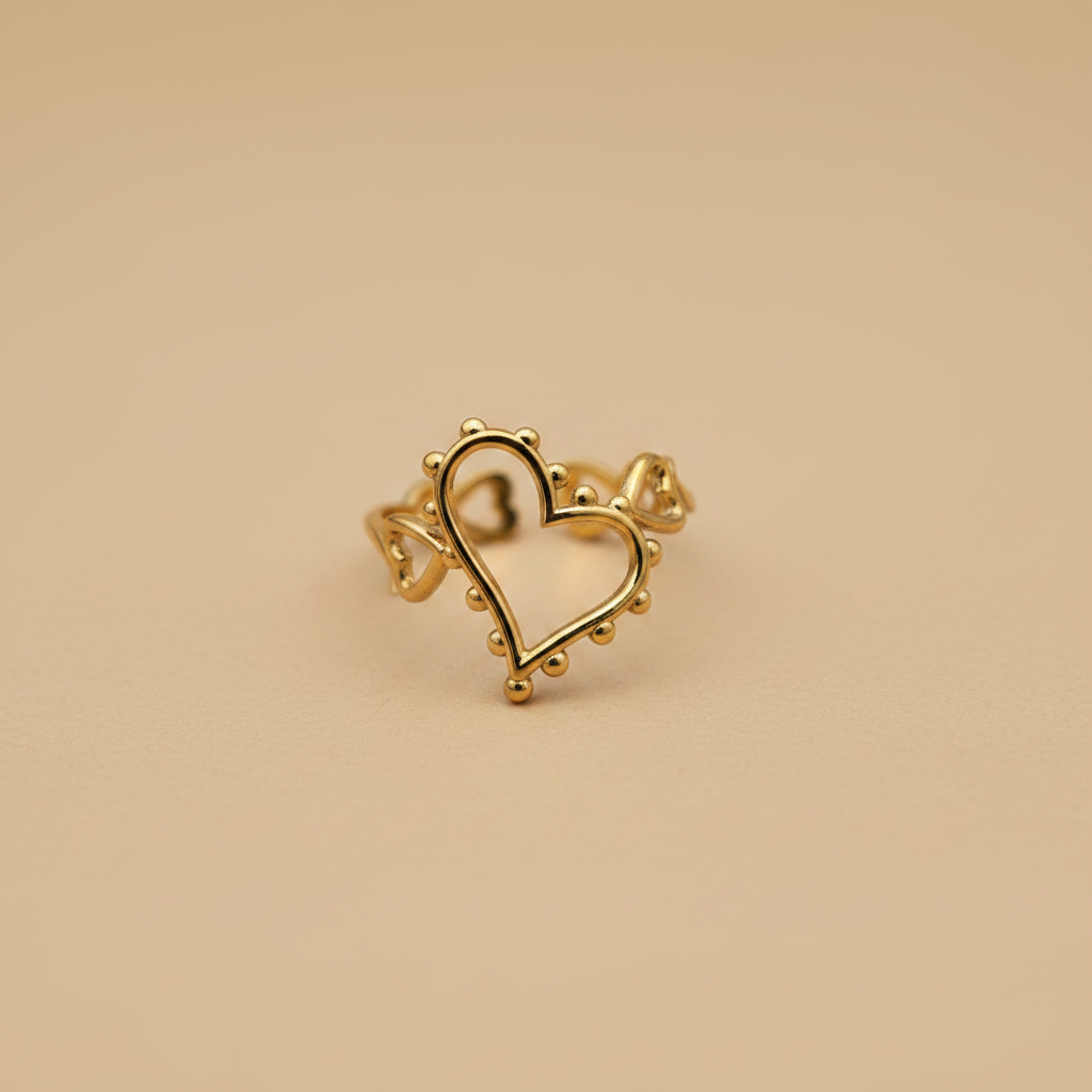 Gold Beaded Heart Adjustable Ring