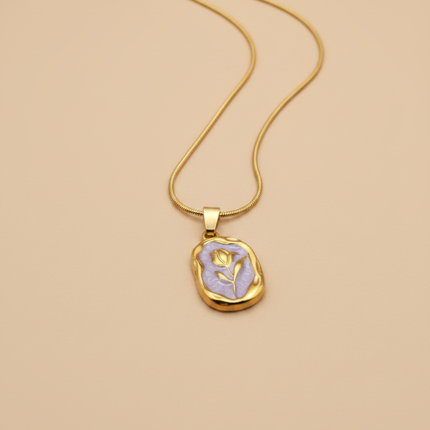 Gold Floral Purple Necklace – Minimalist Flower Pendant
