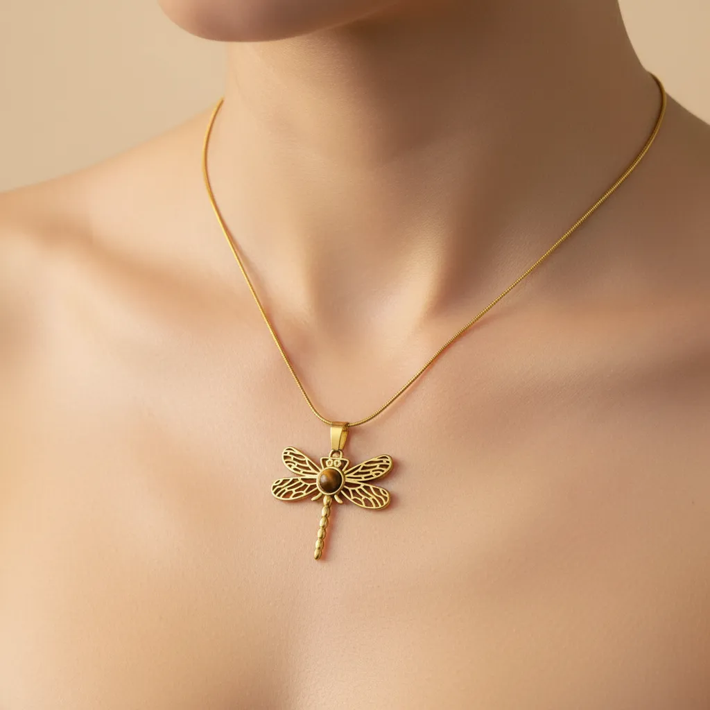 Gold Dragonfly Tiger Eye Pendant Necklace