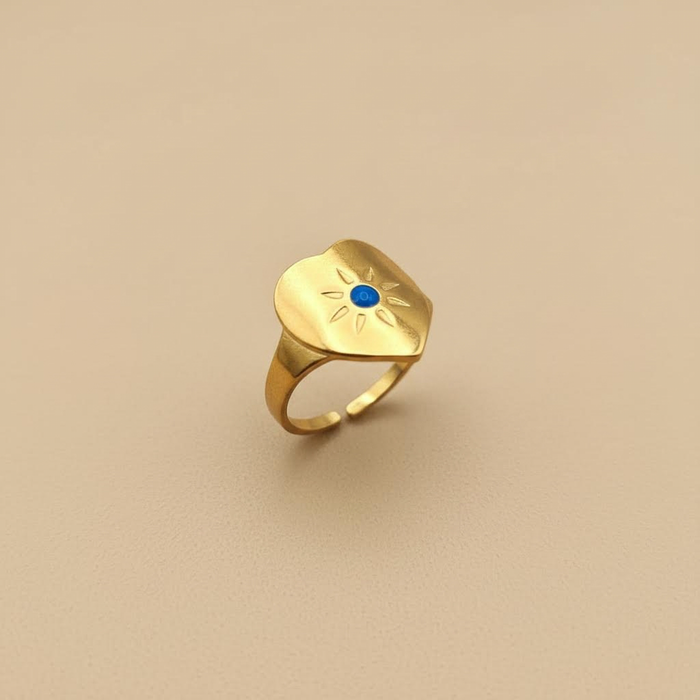 Gold Sun Shield Ring with Blue Enamel (Adjustable)