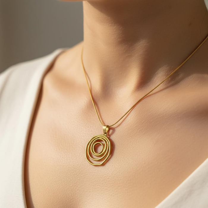Gold Stainless Steel Abstract Circle Necklace – Layered Ring Pendant