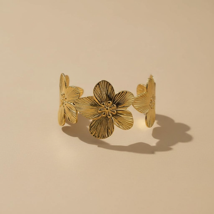 Gold Textured Floral Cuff Bracelet – Engraved Flower Statement Bangle