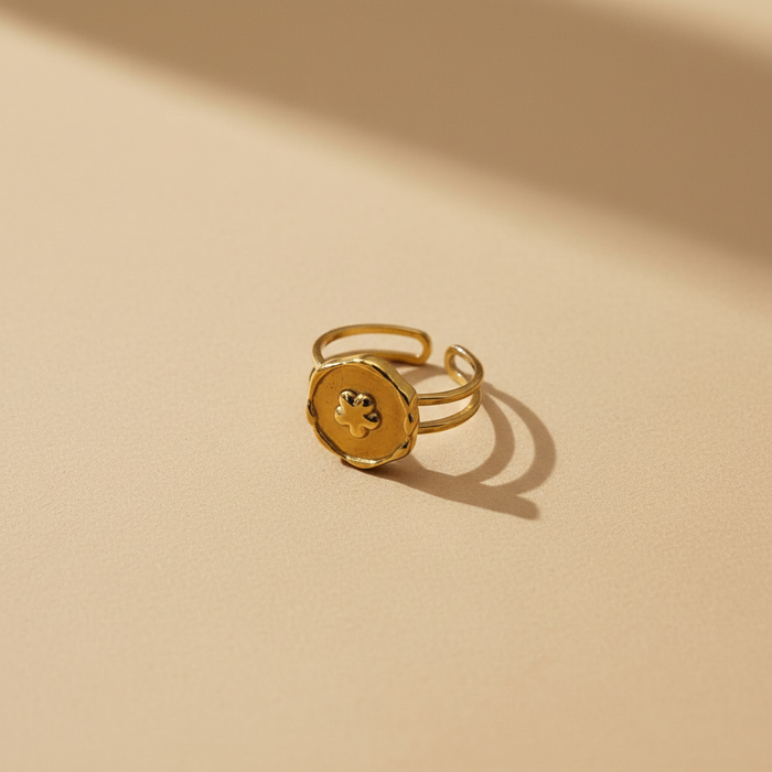 Gold Coin Adjustable Ring – Clover Detail Design