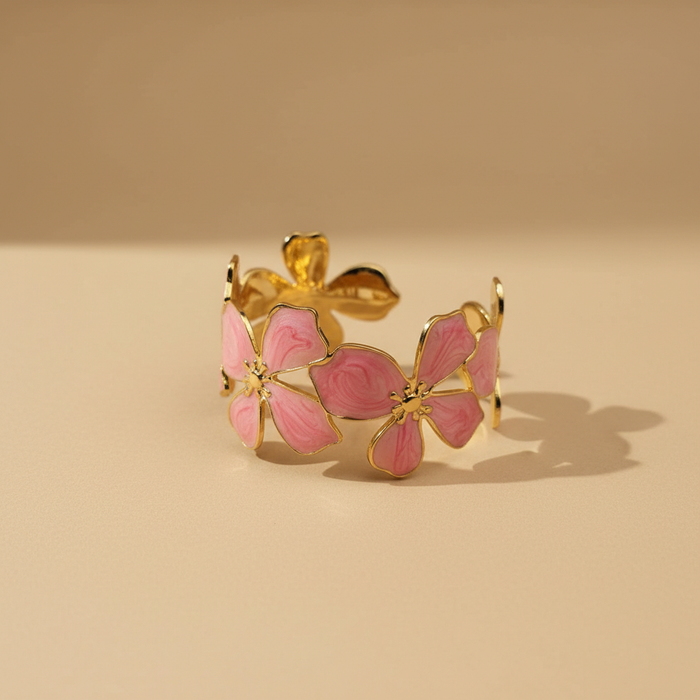 Gold Floral Cuff Bracelet – Pink Enamel Statement Bangle