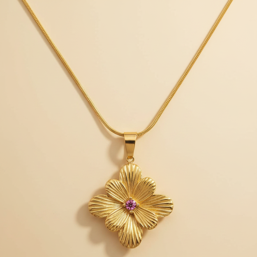 Gold Flower With Diamond Pendant Necklace