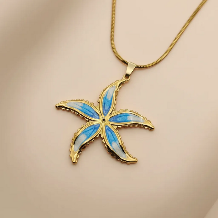 Gold Stainless Steel Starfish Necklace – Blue Enamel
