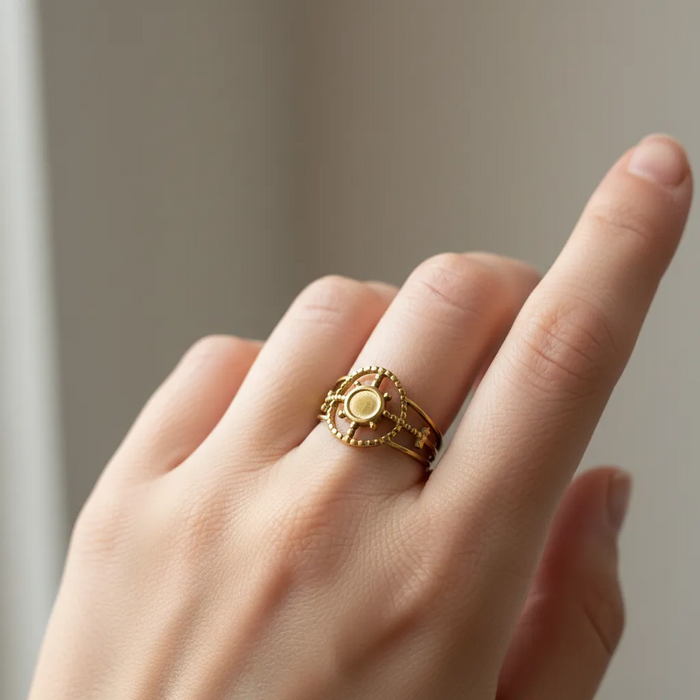 Gold Sun Medallion Adjustable Ring – Boho Circle Design