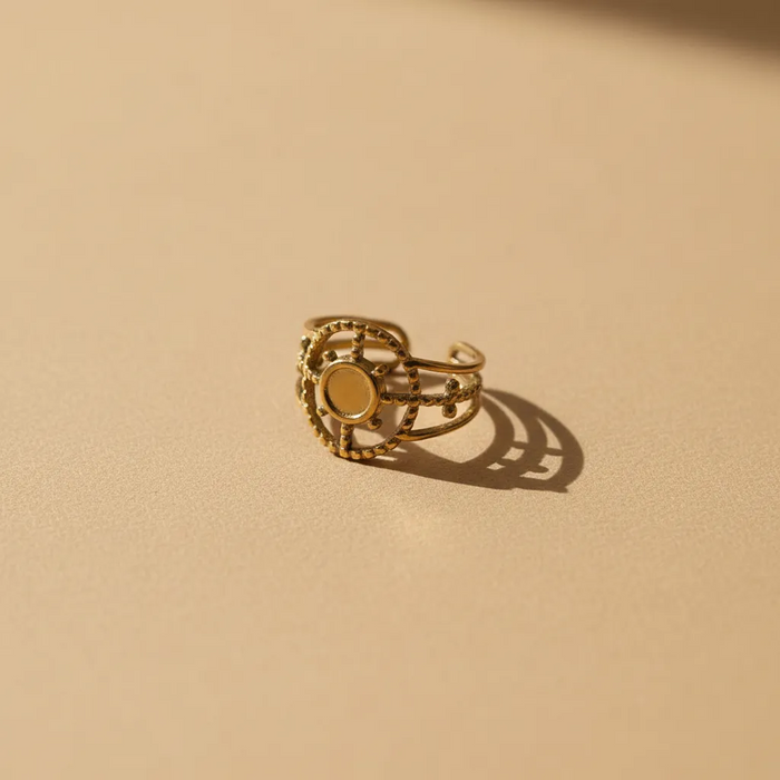 Gold Sun Medallion Adjustable Ring – Boho Circle Design