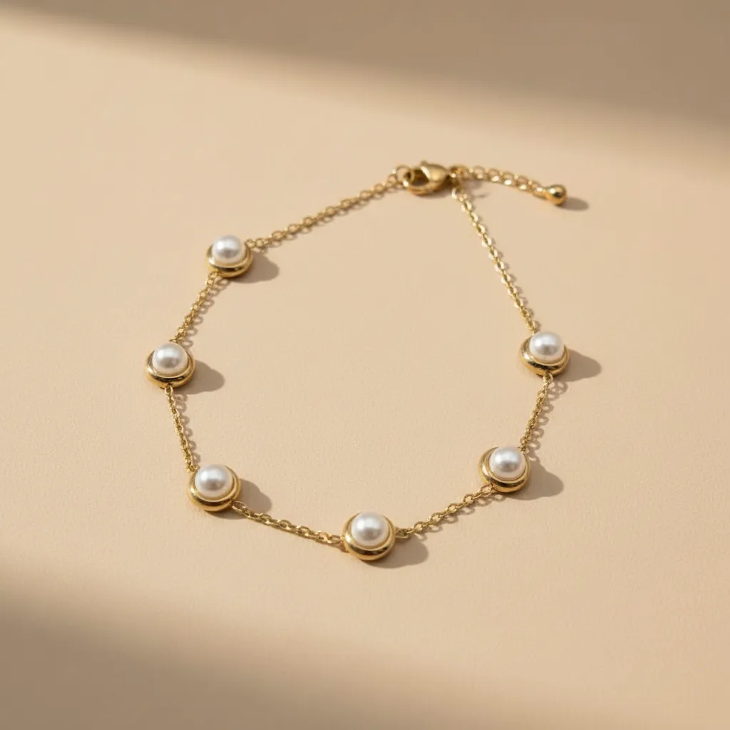 Gold Pearl Bezel Bracelet – Minimal Adjustable Design