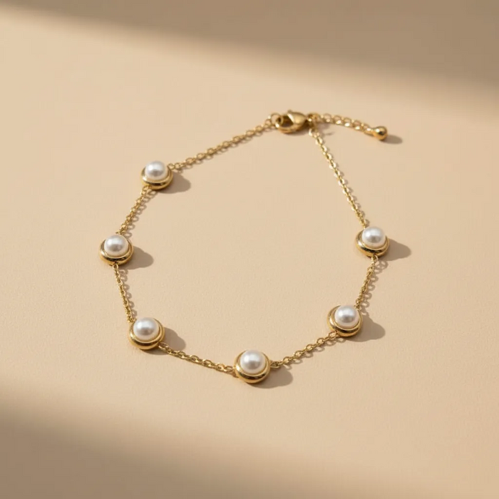 Gold Pearl Bezel Bracelet – Minimal Adjustable Design