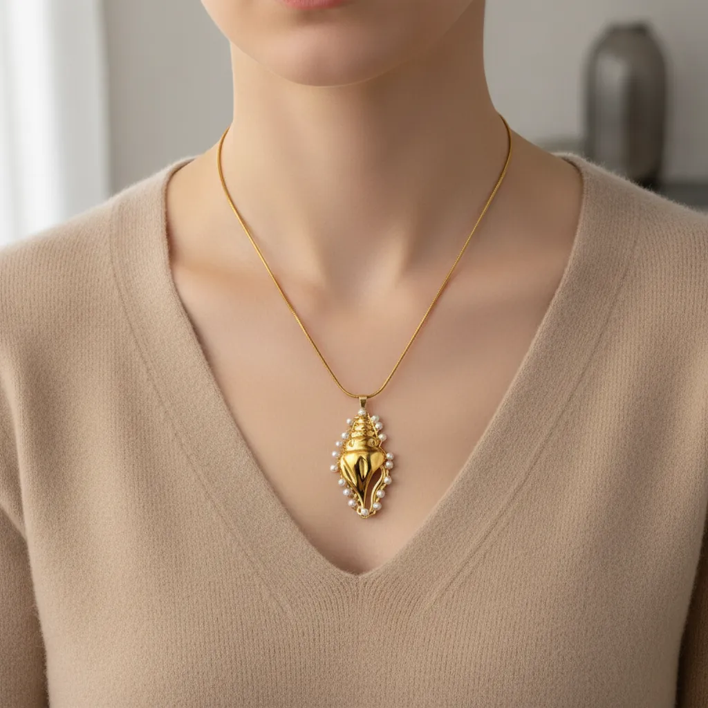 Gold Shell Pearl Pendant Necklace