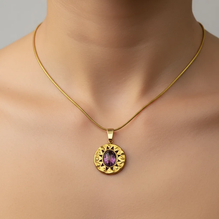 Gold Vintage Sun Pendant Necklace – Purple Stone