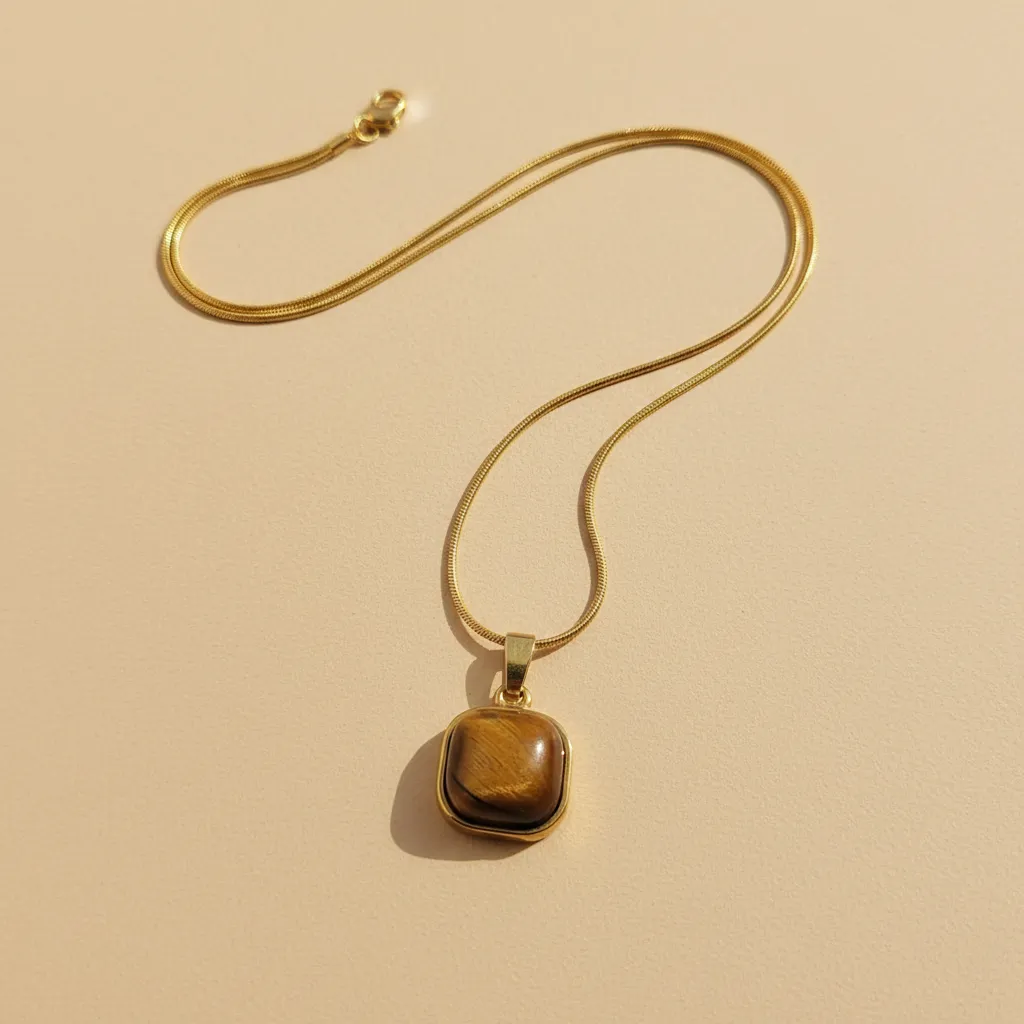 Gold Tiger Eye Square Pendant Necklace