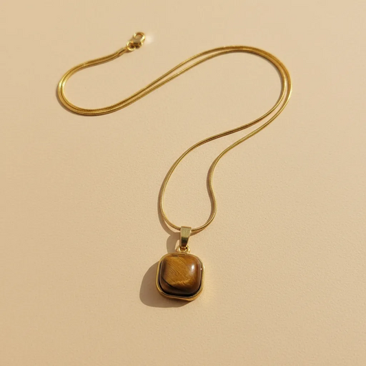 Gold Tiger Eye Square Pendant Necklace