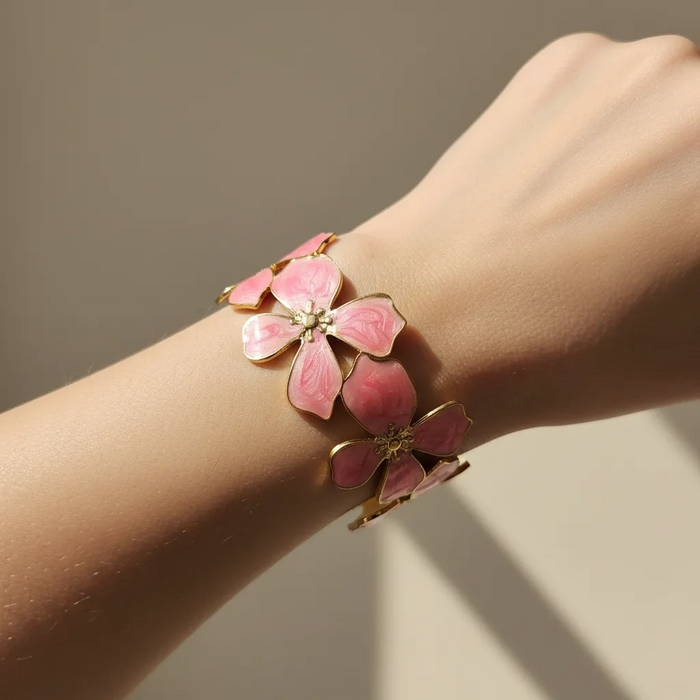 Gold Floral Cuff Bracelet – Pink Enamel Statement Bangle