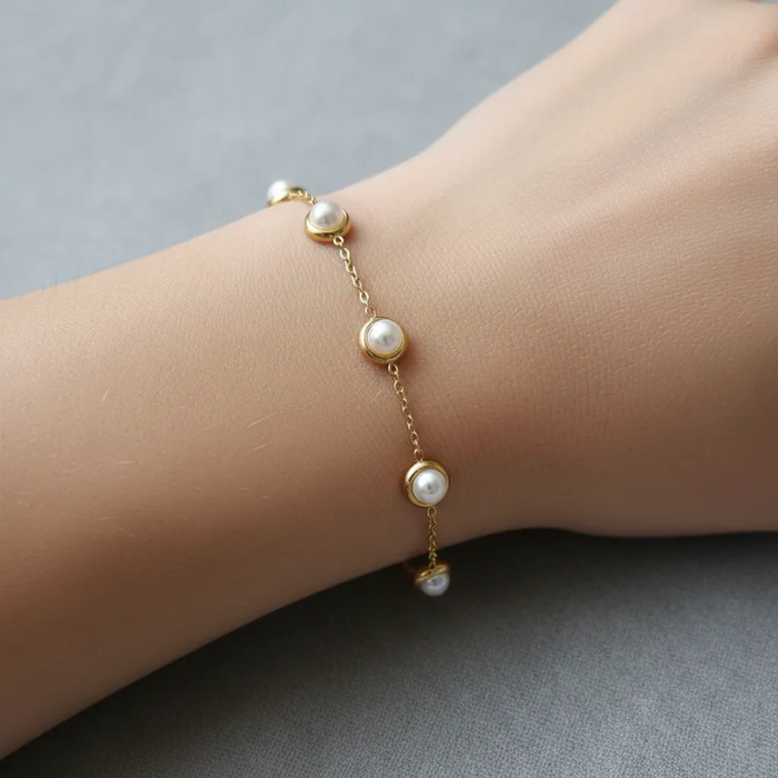 Gold Pearl Bezel Bracelet – Minimal Adjustable Design
