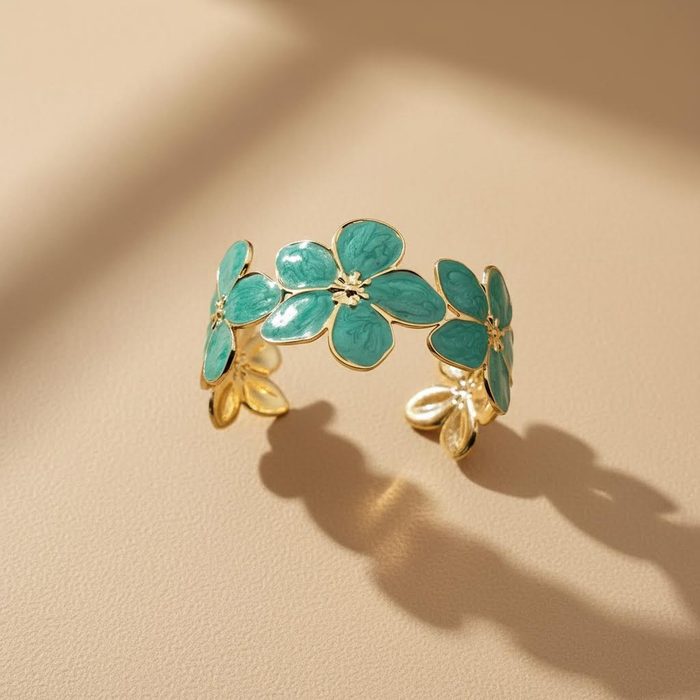 Gold Floral Cuff Bracelet – Turquoise Enamel Statement Bangle