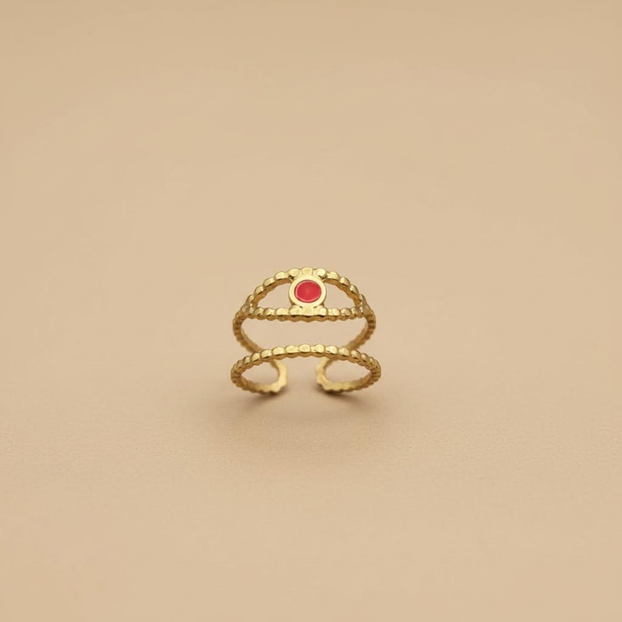 Gold Beaded Ring with Red Enamel Detail (Adjustable)