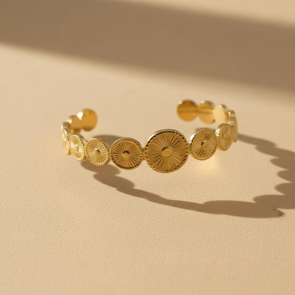 Gold Sunburst Disc Cuff Bracelet – Minimal Boho Bangle