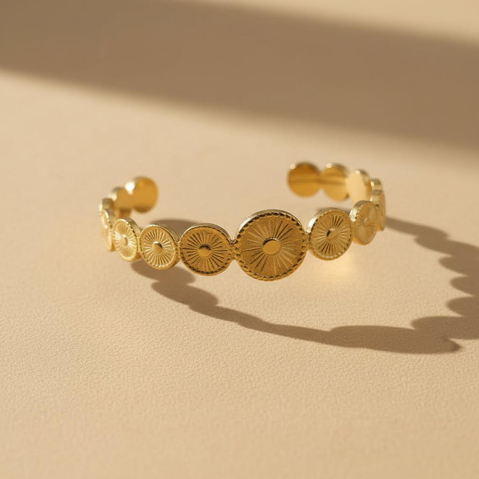 Gold Sunburst Disc Cuff Bracelet – Minimal Boho Bangle