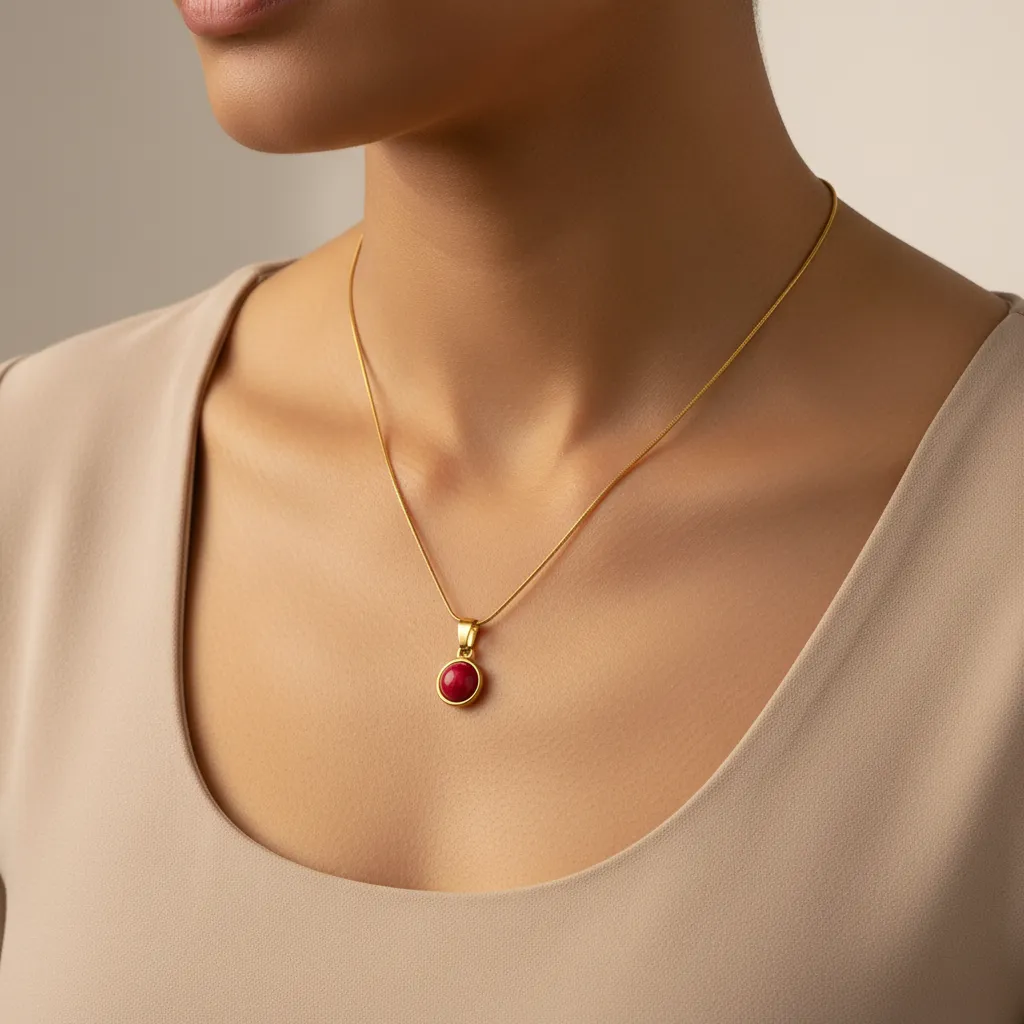 Gold Minimal Stone Necklace – Classic Red Round Pendant