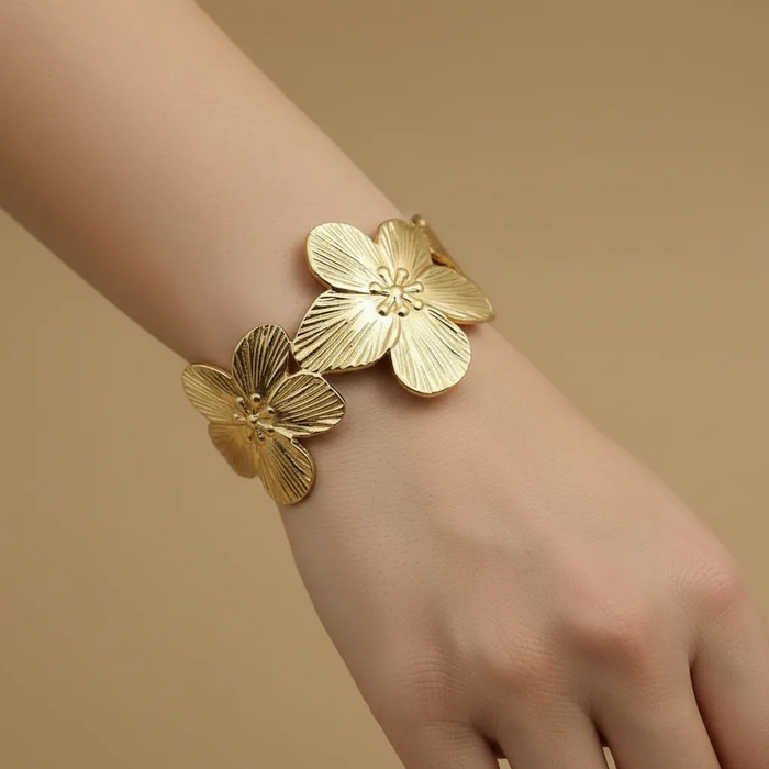 Gold Textured Floral Cuff Bracelet – Engraved Flower Statement Bangle