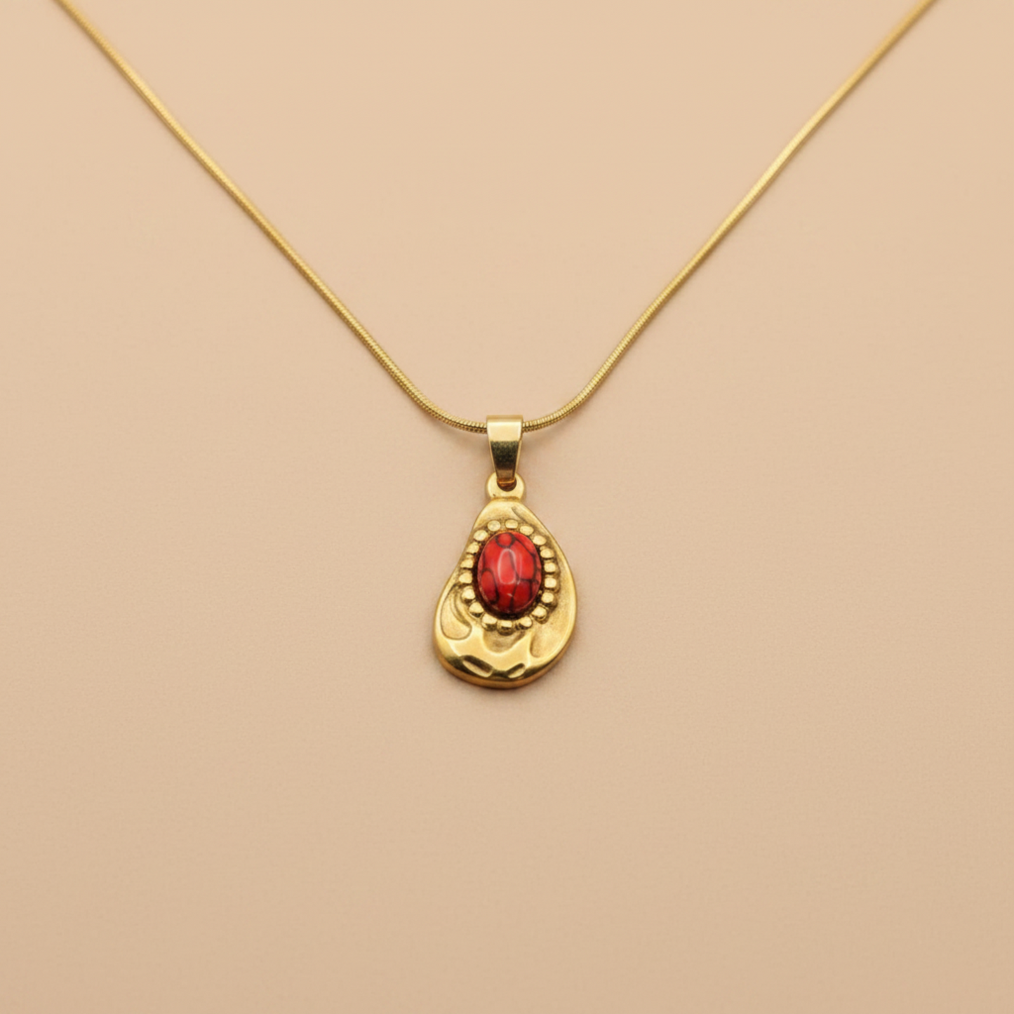 Gold Vintage Drop Necklace – Textured Red Stone Pendant