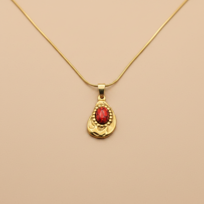 Gold Vintage Drop Necklace – Textured Red Stone Pendant