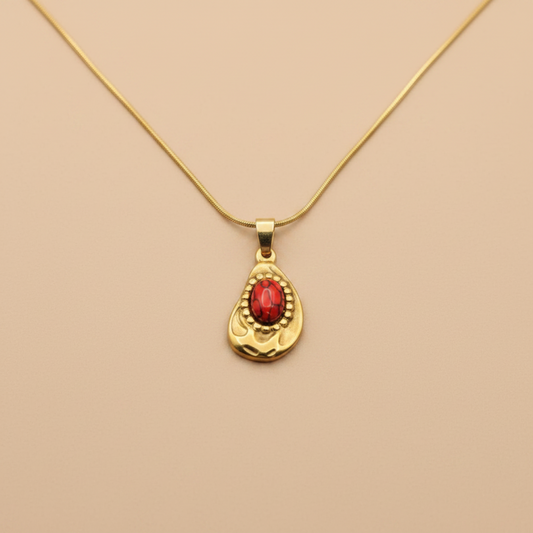 Gold Vintage Drop Necklace – Textured Red Stone Pendant