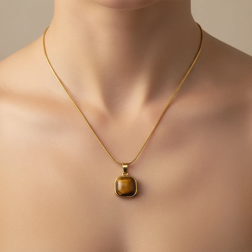 Gold Tiger Eye Square Pendant Necklace