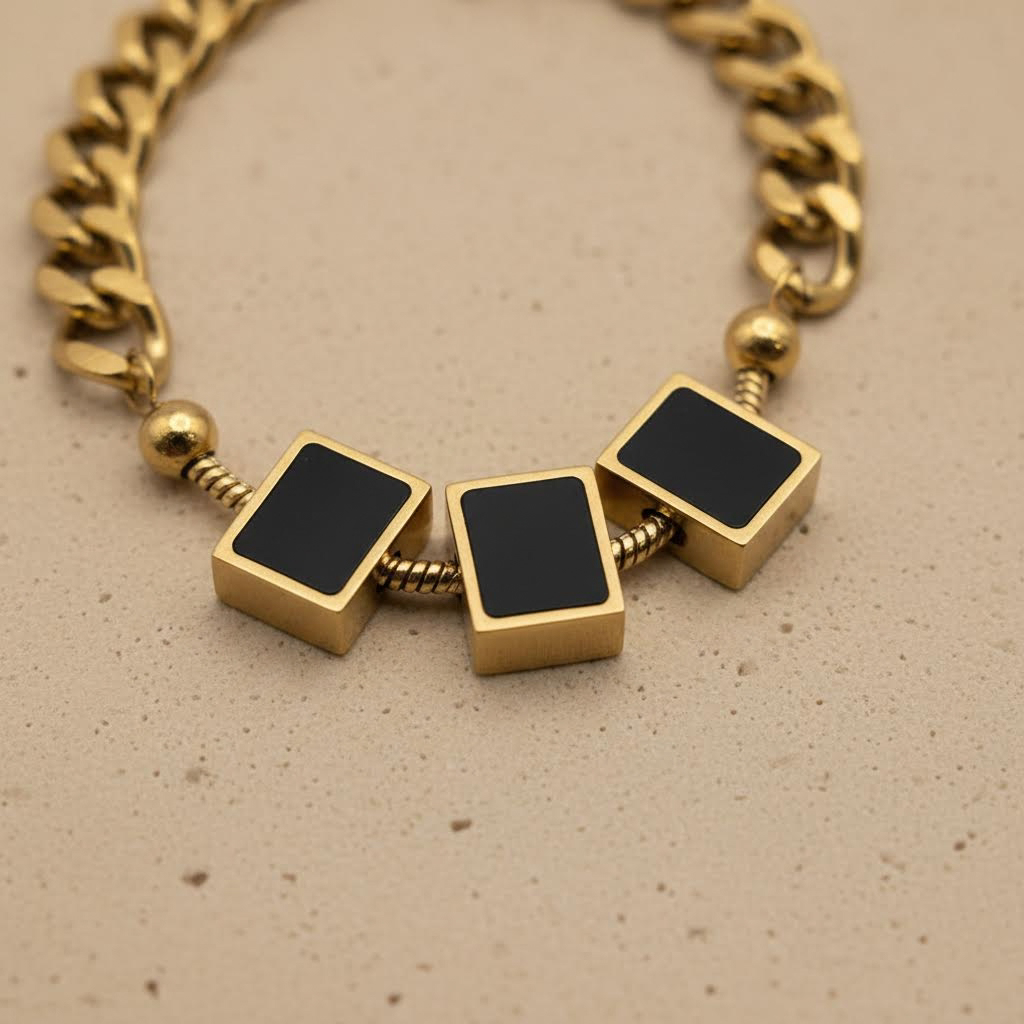Gold Chunky Chain Bracelet with Black Square Charms