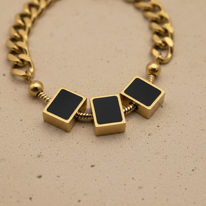 Gold Chunky Chain Bracelet with Black Square Charms