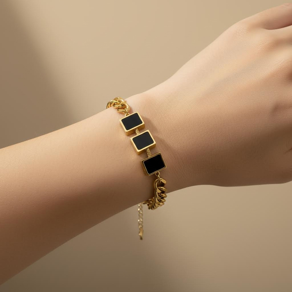Gold Chunky Chain Bracelet with Black Square Charms