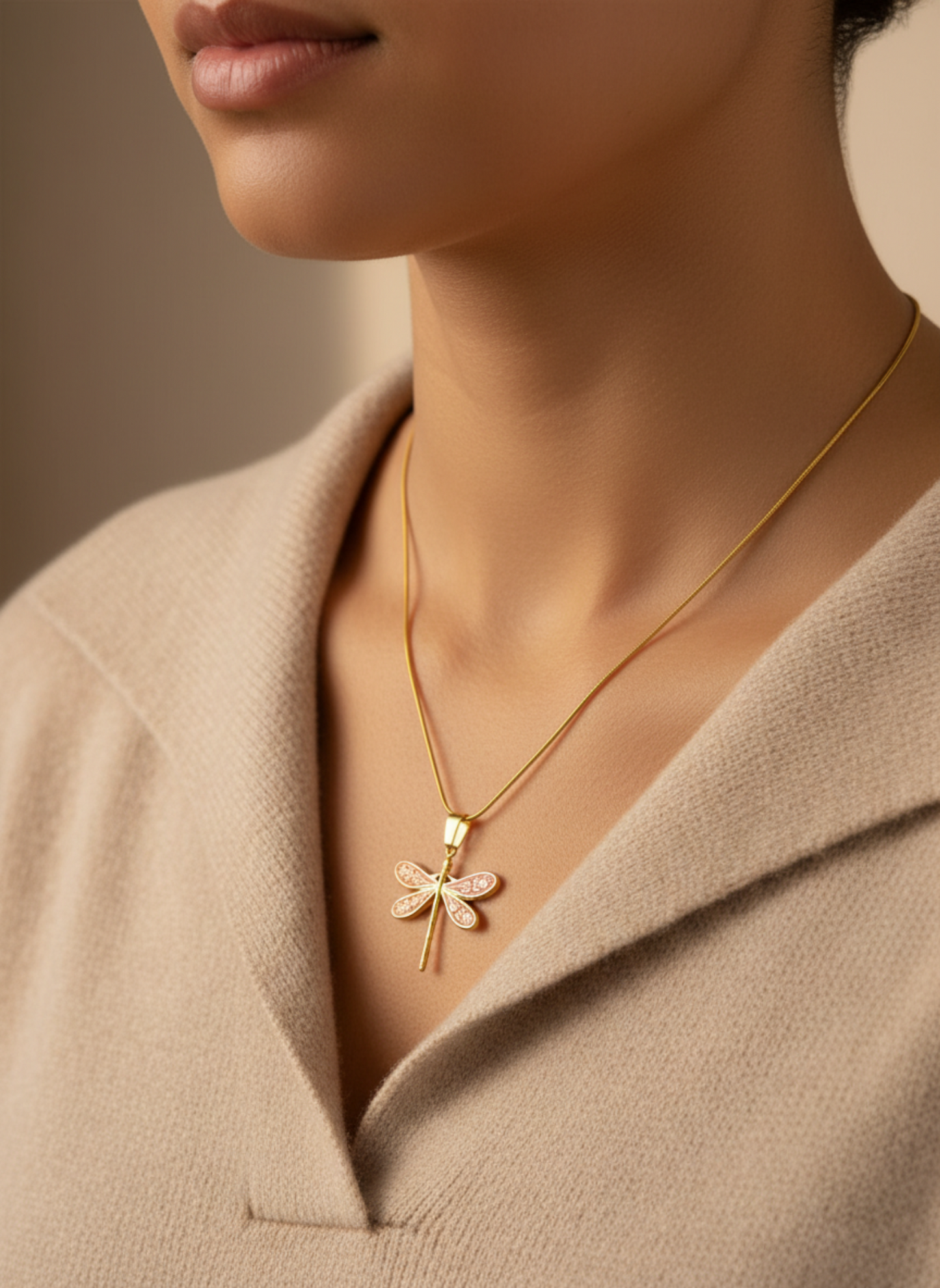 Gold Dragonfly Necklace – Red Enamel Wing Pendant