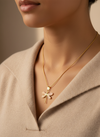 Gold Dragonfly Necklace – Red Enamel Wing Pendant