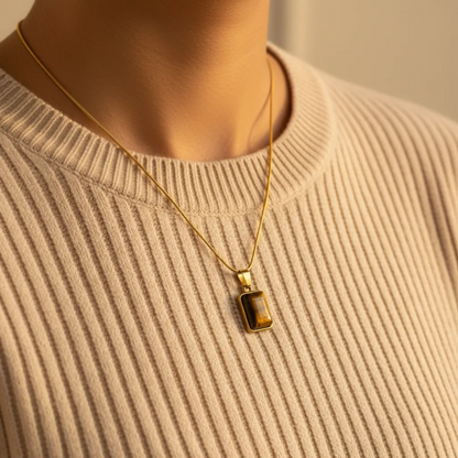 Gold Tiger Eye Rectangle Necklace – Minimal Stone Pendant