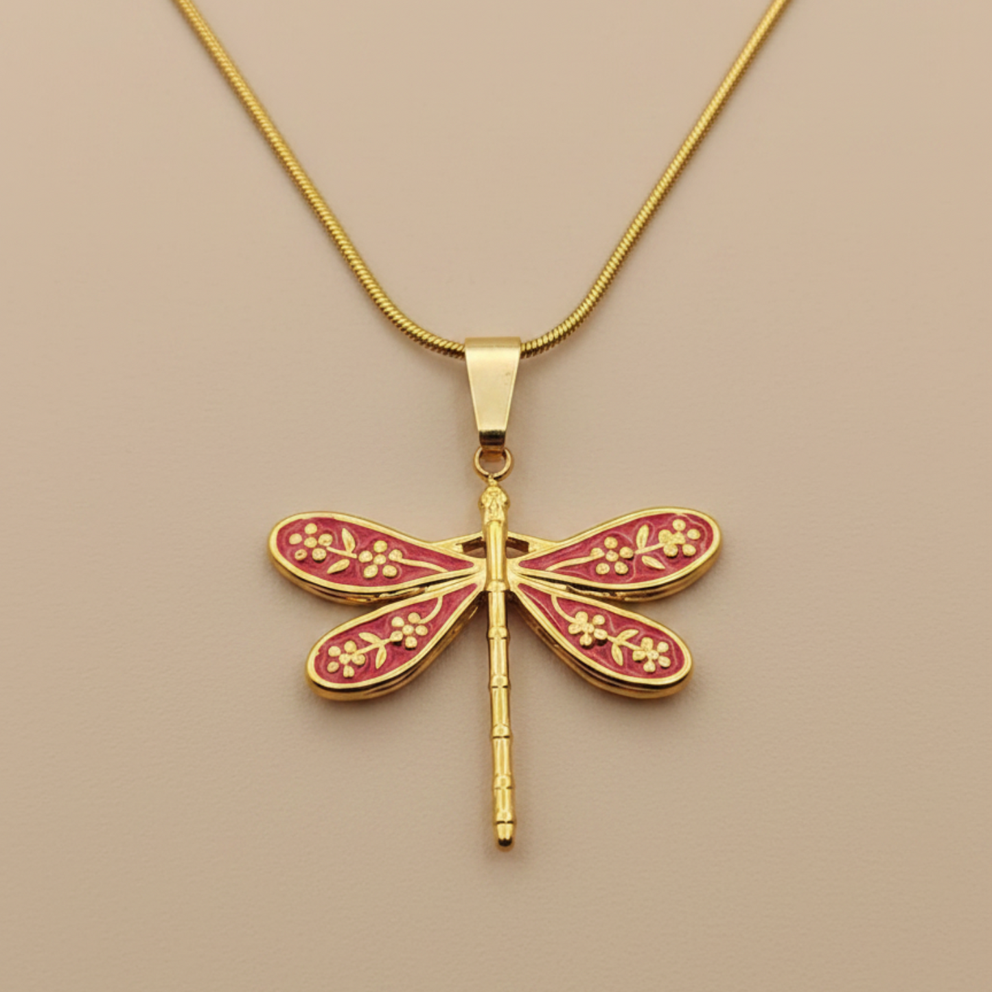 Gold Dragonfly Necklace – Red Enamel Wing Pendant