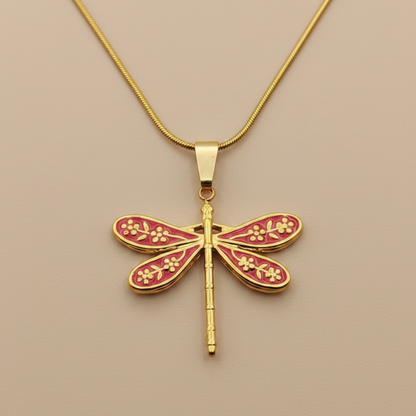 Gold Dragonfly Necklace – Red Enamel Wing Pendant