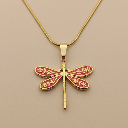 Gold Dragonfly Necklace – Red Enamel Wing Pendant