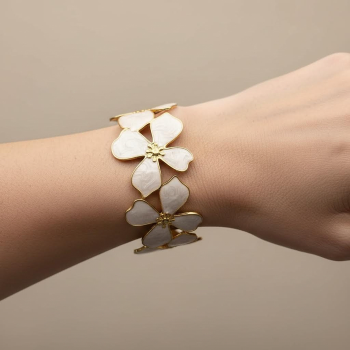 Gold Floral Cuff Bracelet – Ivory Enamel Statement Bangle