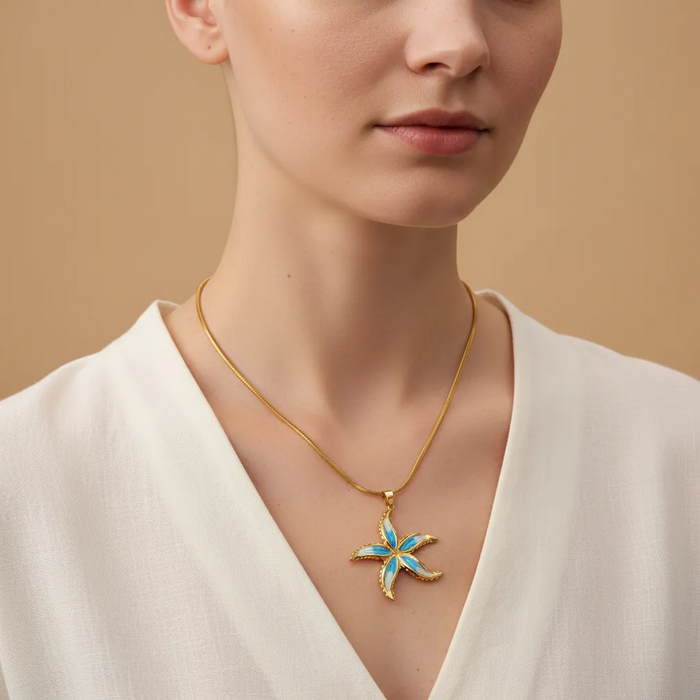 Gold Stainless Steel Starfish Necklace – Blue Enamel